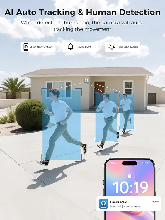 Hiseeu security camera AI auto tracking and human detection with mobile app notification