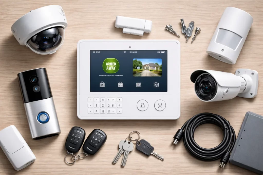 all-in-one-security-system-london Complete home security system kit with CCTV cameras, sensors and alarm panel in London