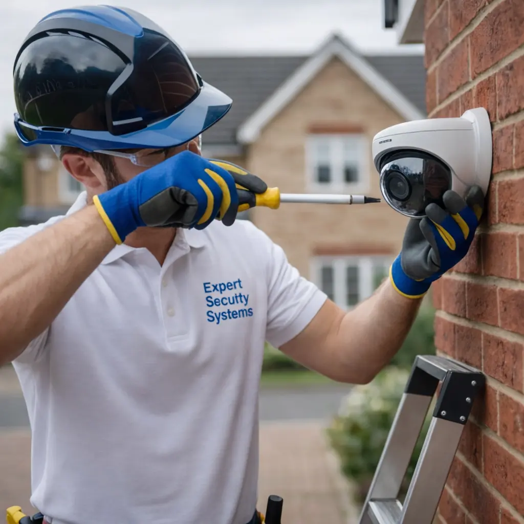 Professional CCTV engineer installing a security camera on a residential house in London