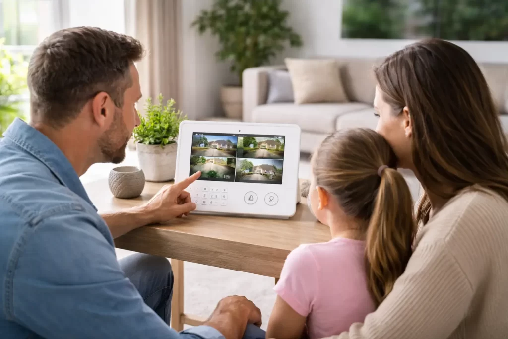 family-home-security-control-london Family using smart home security control panel in London for 24/7 protection