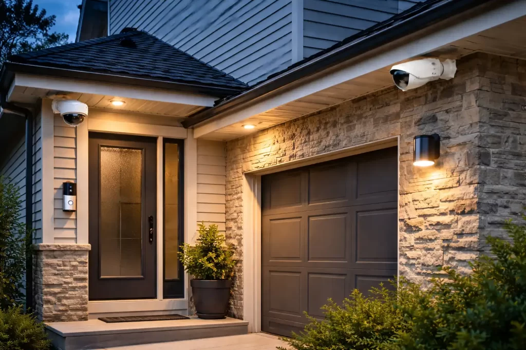 residential-cctv-system-london Modern smart home security system with CCTV cameras and video doorbell in London